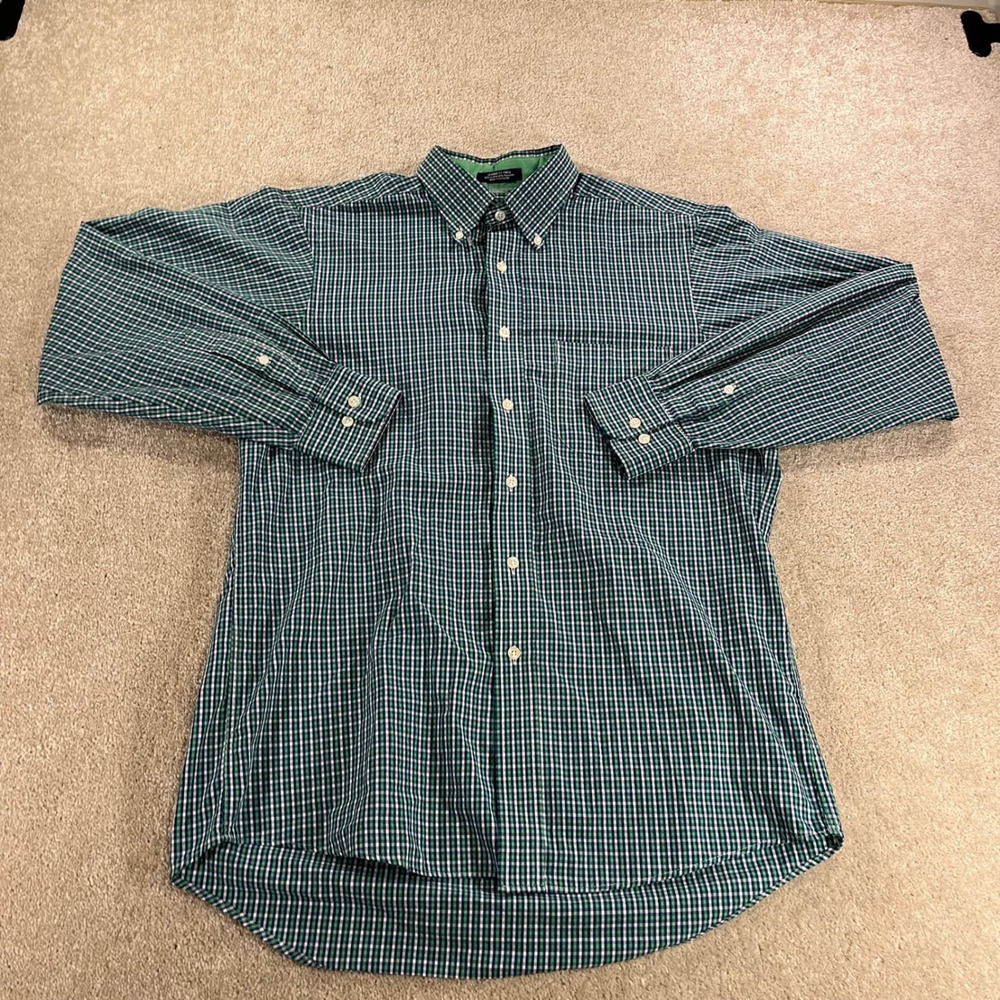 Chaps Button Down Shirt Mens 15-15.5 34/35 Green Gingham Wrinkle Free